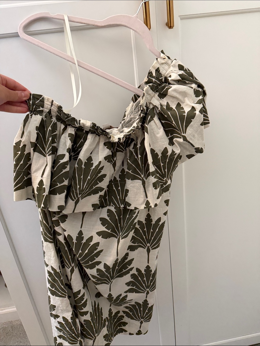 LOFT One-Shoulder Ruffle Dress in Olive Green and Cream - Picture 1 of 4